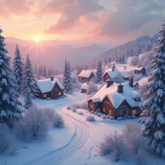 Snowy village nestled in mountains during sunset. Cozy houses with warm lights glow under pink sky. Pine trees covered in snow line winding paths. Serene winter wonderland atmosphere.