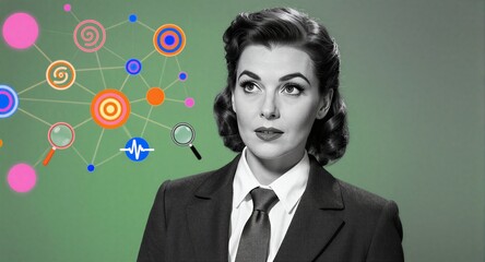 Vintage woman in suit, colorful network icons float beside her against green backdrop.