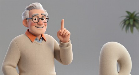 Old man in glasses points at books, smiling warmly in cozy library setting.