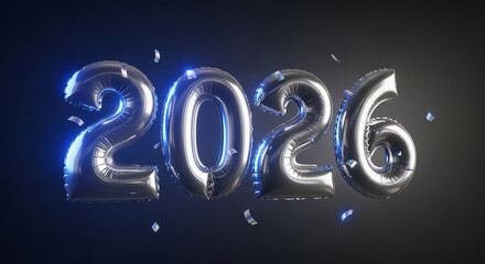 Metallic balloon numbers "2026" with confetti, against a dark gradient background, representing upcoming year, celebration, or future event