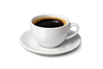 Cup of dark coffee with transparent background. White cup and saucer.
