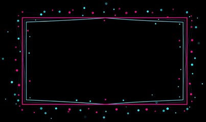 Black background featuring a glowing neon frame, scattered dots