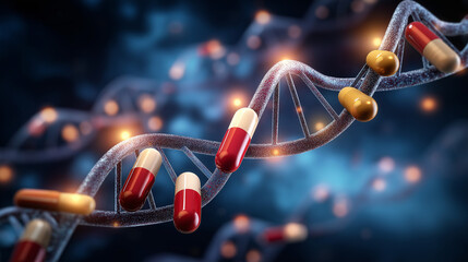 Abstract medical visualization of drug interaction pathway through human biological system, pharmaceutical journey, therapeutic route, systemic delivery, with copy space