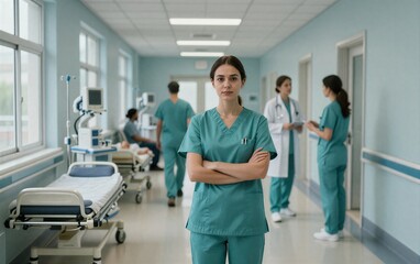 Fototapeta premium Hospital corridor: nurses and doctors in teal scrubs, focused on patient care.