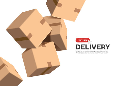 Multiple empty parcel boxes or cardboard boxes flying in air are used as design elements in delivery or e-commerce and online shopping advertising promotions, vector 3d isolated on white background