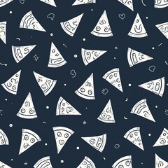 Cartoon doodle pizza pattern for kids. Slices of pizza with various toppings repeat on dark blue background. Ideal for fabric, wallpaper, and gift wrap designs.