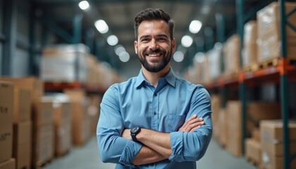 Fototapeta premium Man with beard wears blue shirt arms crossed in warehouse. Boxes stacked high on shelves, logistic center background. Pro look, confident pose.