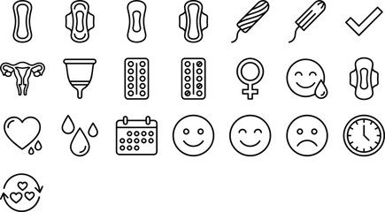 Feminine hygiene line icons, menstruation period symbols, sanitary napkin outline, menstrual cup vector, tampon, birth control pills, female health care, cycle tracker