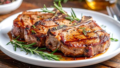 焼き目の付いたラム肉ステーキが白い皿に盛られた本格的な料理表現