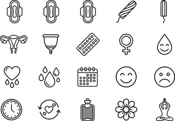 Menstruation line icons set, feminine hygiene symbols, sanitary pad vector, tampon outline, menstrual cup, uterus anatomy, period cycle calendar, female health care © Sophia Creatives