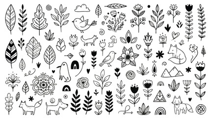 Whimsical hand-drawn doodle elements collection featuring organic botanical illustrations, woodland animals, and decorative patterns for creative design