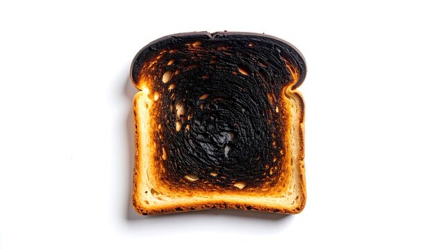 黒く焦げた食パン一枚が白背景に置かれた失敗を示す表現