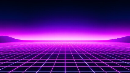 Retro Futurism Grid Horizon: Glowing Synthwave Landscape in Neon Purple and Pink