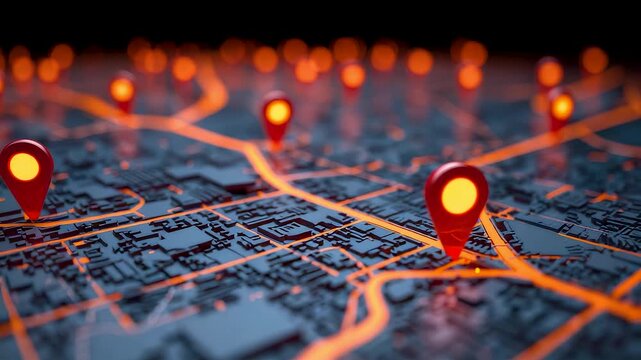 Glowing Location Pins Connected Across Detailed City Map at Night Showing Navigation Technology Urban Planning and Geographic Network System
