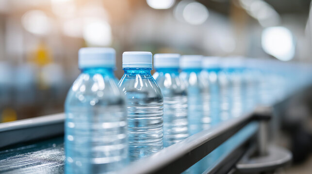 Bottling plant water bottling line for processing and bottling pure mineral carbonated water into bottles, beverage manufacturing automation, drink production facility, with copy s