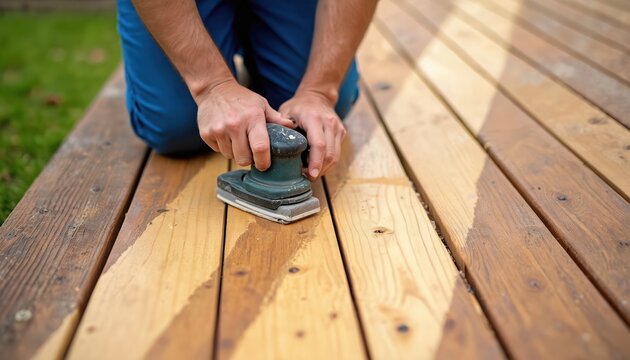 Person kneels on wood deck sanding planks with power tool. Outdoor home improvement project smooths surface. Preparing wood for finishing. New deck surface. Refurbishing patio boards.