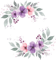 Watercolor floral wreaths with purple pink flowers and leaves