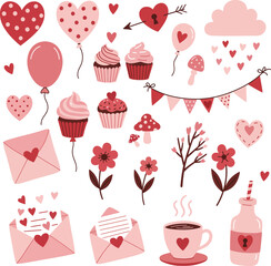 Valentine s day illustrations with hearts cupcakes and flowers