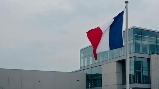 French Flag Waving in Urban Cityscape, National Tricolor of France