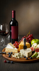Cheese and fruit on a plate, with a bottle of wine and a glass nearby