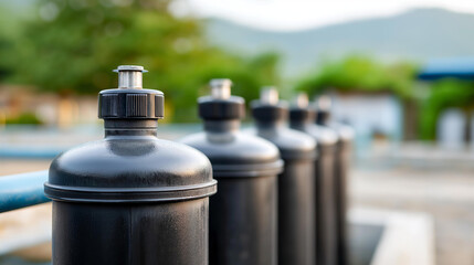Row of black water filtration tanks installed at coastal facility demonstrates advanced technology for purifying water for multiple applications, industrial filtration systems, wit