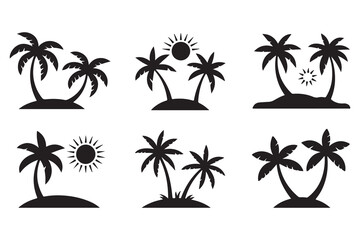 Fototapeta premium Tropical palm island silhouette icon set 