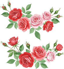 Fototapeta premium Watercolor illustration of pink and red roses in floral arrangements