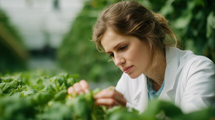 Faceless female scientist examining plants in greenhouse farm, scientists holding equipment for research plant in organic farm, quality control for hydroponics vegetable farm, defo