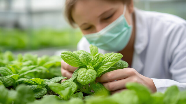 Faceless female scientist examining plants in greenhouse farm, scientists holding equipment for research plant in organic farm, quality control for hydroponics vegetable farm, defo - Powered by Adobe