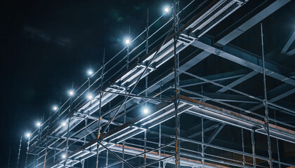 夜間照明に照らされた建設現場の足場構造