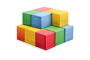 Colorful Shipping Containers Stacked High on a transparent background.