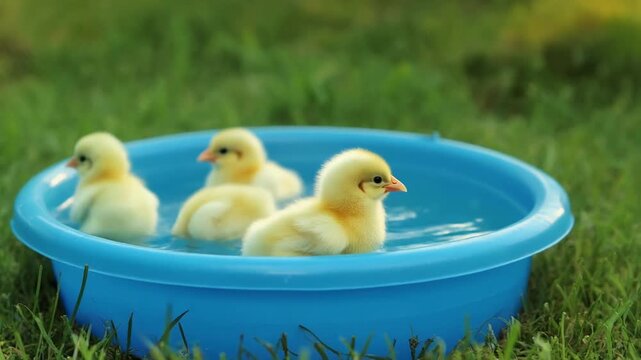 Yellow baby chicks swimming in a blue kiddie pool, mp4 video. AI