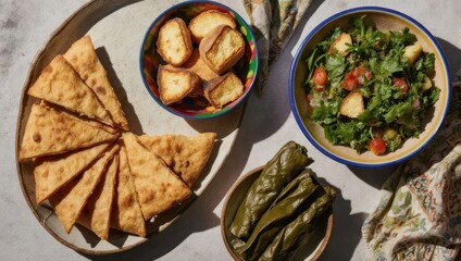 Overhead view of a delicious Middle Eastern feast with various dishes, including flatbread, stuffed grape leaves, and a fresh salad, arranged on a table.