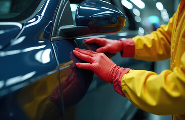 Worker wears red gloves to inspect car door in assembly plant workshop. Focus on quality control and production process in manufacturing facility. Skilled labor checks auto details.