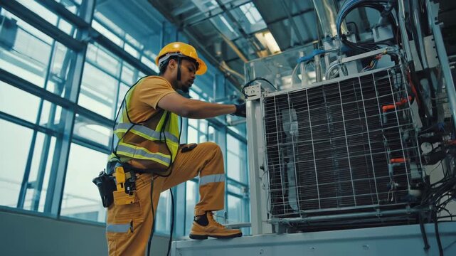A focused shot of a male worker in a hard hat, safety vest, and work clothes, diligently engaged in maintenance or inspection of large industrial machinery, possibly an HVAC unit or a gene 4K.