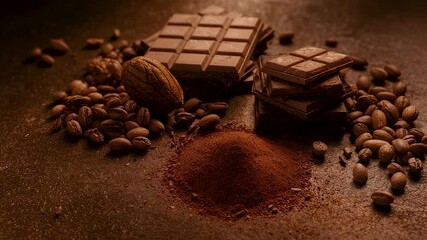 Dark Chocolate Bars With Cocoa Powder and Roasted Beans on Rustic Surface Creating Rich Dessert Ingredient Scene With Warm Moody Lighting