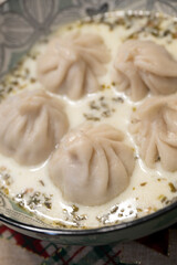 Traditional Georgian dish khinkali - Hinkali - Boiled khinkali with lamb or beef or cheese. High quality photo