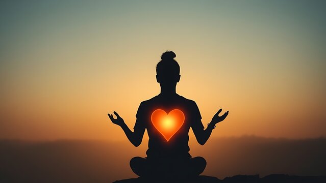A meditating silhouette at sunrise with a glowing heart-shaped aura, evoking inner peace.