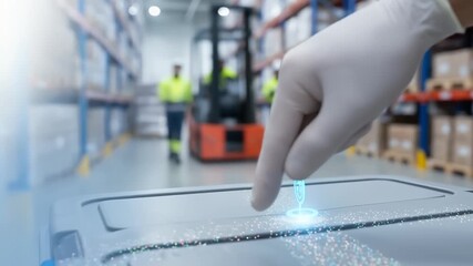 Cold chain logistics warehouse technology with gloved hand using digital interface for efficient container storage and smart inventory control - Powered by Adobe