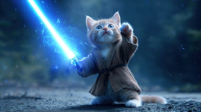 Cute kitten dressed as a space warrior holding glowing blue lightsaber in mystical forest setting ideal for fantasy children&rsquo;s art and sci-fi parody visuals
