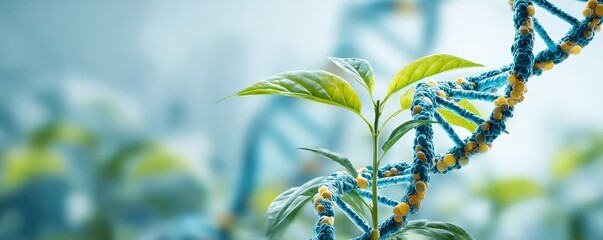 A close-up of a plant intertwined with DNA strands, symbolizing the connection between nature and genetic science.