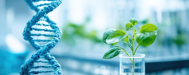 A vibrant image featuring a DNA helix alongside a growing plant in a glass container, symbolizing the intersection of genetics and botany.