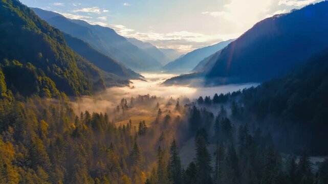 A slow cinematic drone flight gliding smoothly above a mist-covered forest valley at sunrise The camera moves forward and slightly upward, revealing golden sunlight spilling over rolling 4K