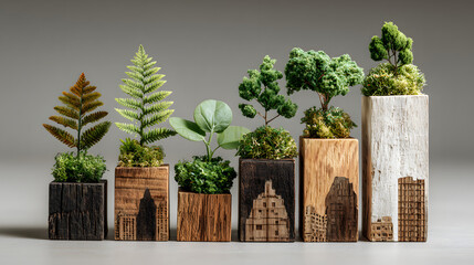 Growing plants on wooden blocks arranged as ascending bar graph, symbolizing sustainable business growth and environmental investment.