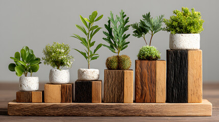 Growing plants on wooden blocks arranged as ascending bar graph, symbolizing sustainable business growth and environmental investment.