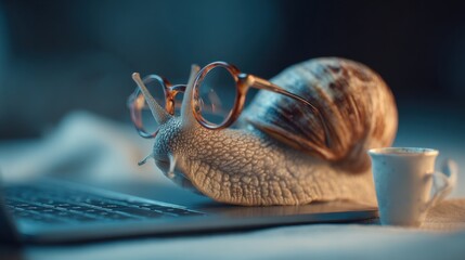 Funny snail wearing glasses sitting next to laptop and coffee cup in cozy lighting setup ideal for humorous productivity visuals and slow internet metaphors
