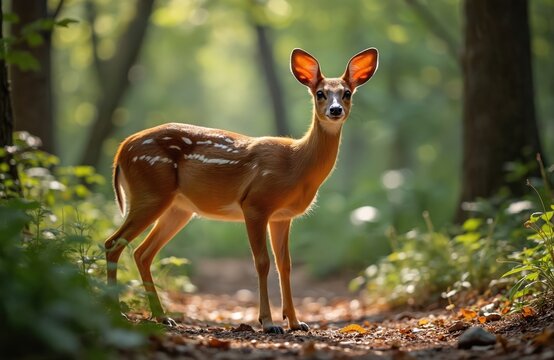 Young deer with spots stands on forest path, looking at camera. Gentle sunlight filters through trees, illuminating lush green foliage and dappled ground. Animal pauses during walk in woodland. - Powered by Adobe