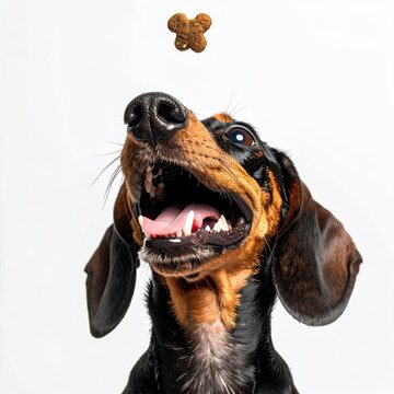 Dachshund dog, mouth open wide,  eagerly anticipating a treat