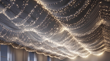Wedding lights flicker above dinner table. Warm glow garland for soft ambiance. Romantic lighting wraps venue pillars. Tiny sparks trace dancing silhouettes. Cozy light chain weaves across