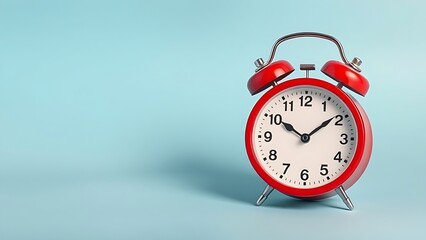 Vintage red alarm clock on a soft blue background, simple yet striking from an overhead angle.